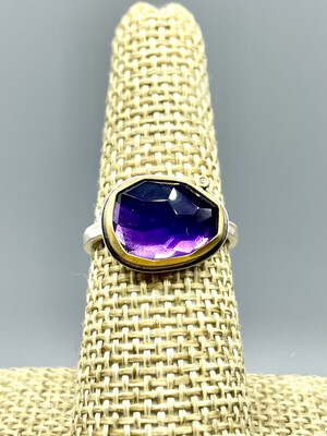 6.5 Rose Cut Amethyst Ring w/Diamond Accent, 22k Bezel, SS Band - Ananda Khalsa, Northampton MA