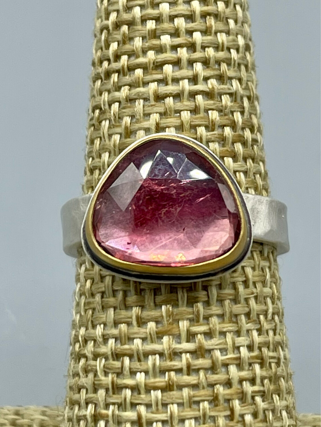 6.5 Rose Cut Pink Tourmaline Ring w/22k Bezel, SS Band - Ananda Khalsa, Northampton MA