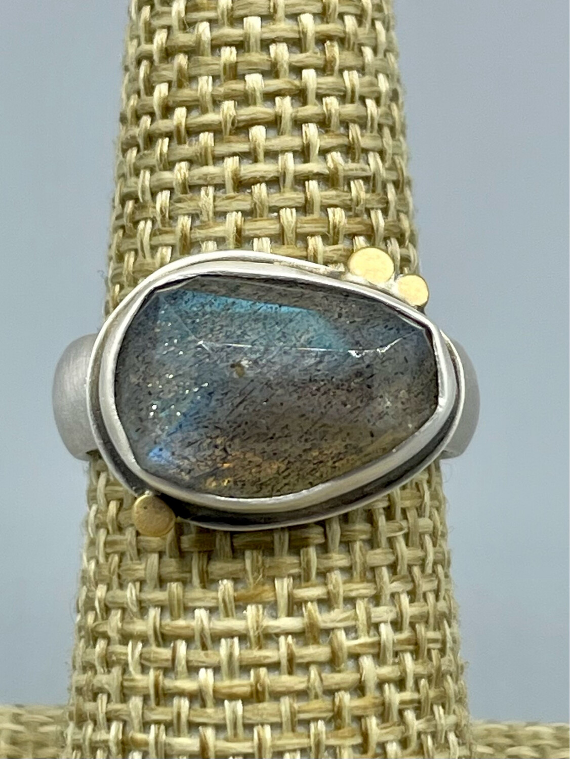 7 Rose Cut Labradorite Ring w/ 22k Accents, SS Band - Ananda Khalsa, Northampton MA