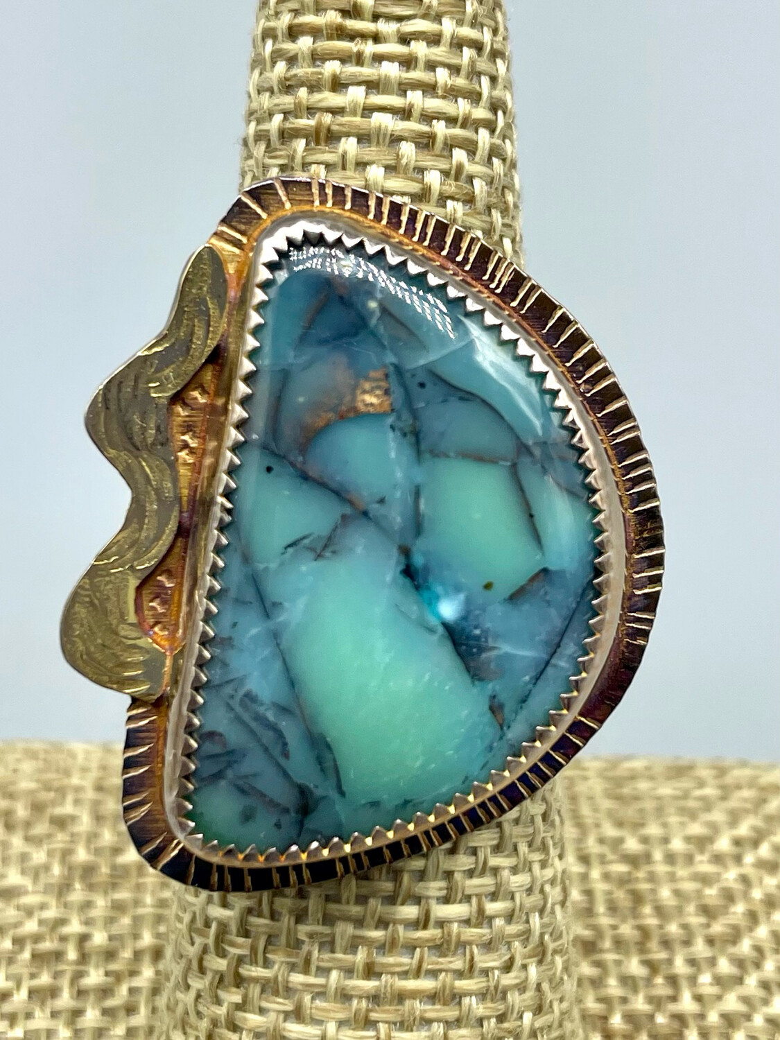7 Blue Opal Petrified Wood  Ring - SS & 22k, Julie Shaw, Cocoa FL