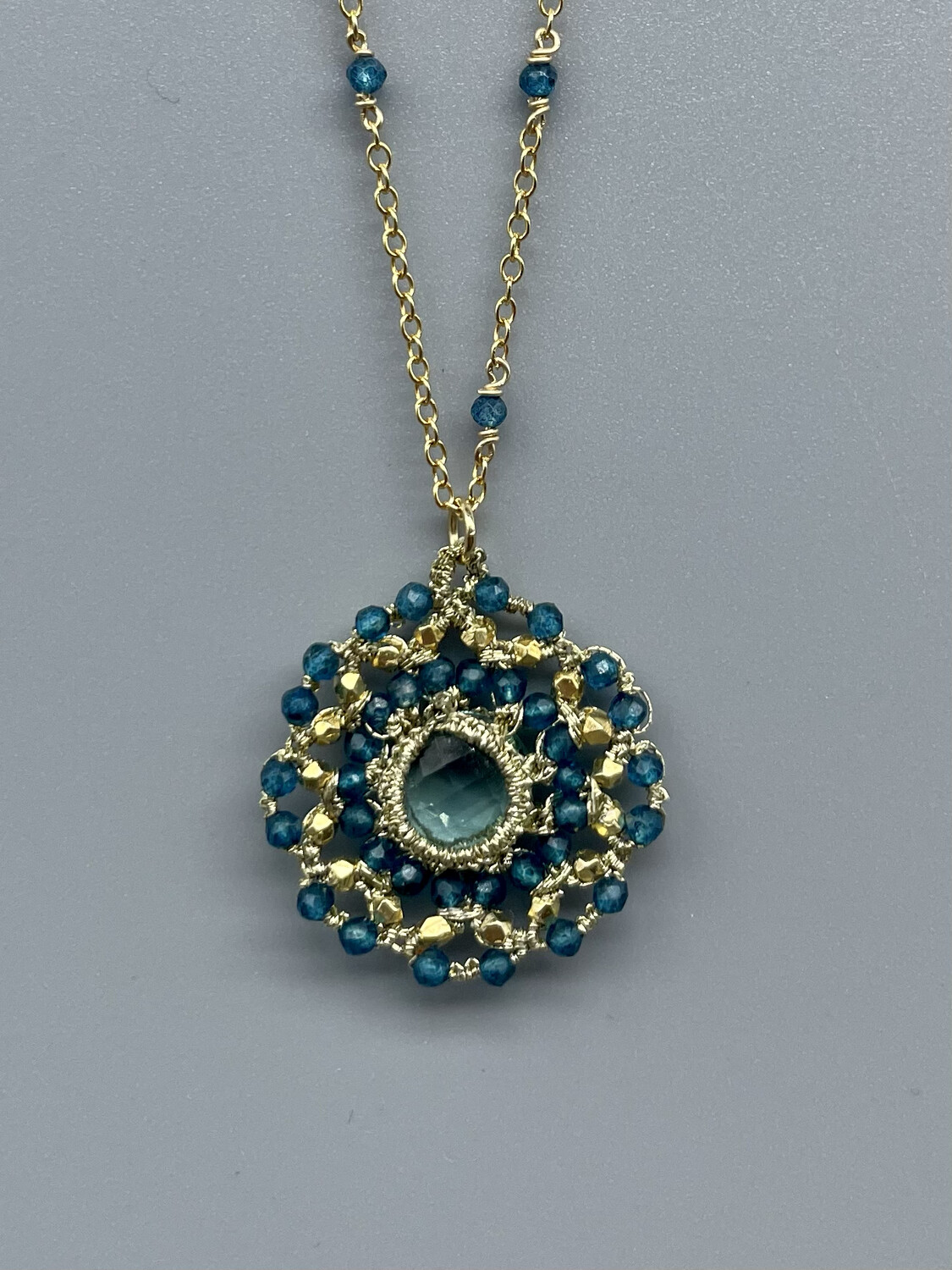 18" Caged Aquamarine w/London Blue Beads Necklace, 14k Vermeil - Danielle Welmond, Playa del Rey, CA
