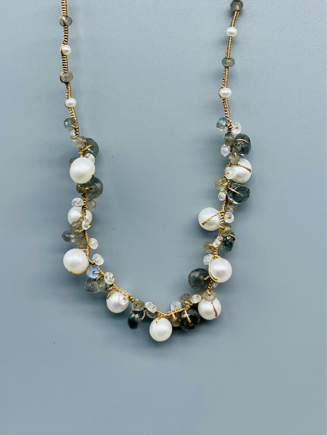 Pearl, Lab and Moonstone on Silk Cord Necklace