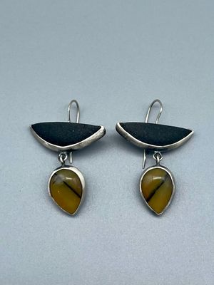 Basalt/Agate Earrings, Brushed Sterling Silver, Terri Logan, Richmond IN