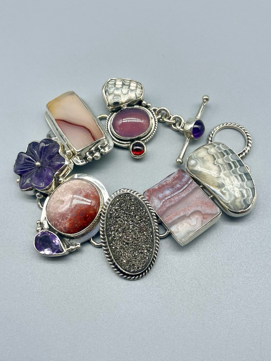 Agate, Druzy Tourmaline, Carved Amethyst Bracelet, Sterling Silver - Margaret Thurman