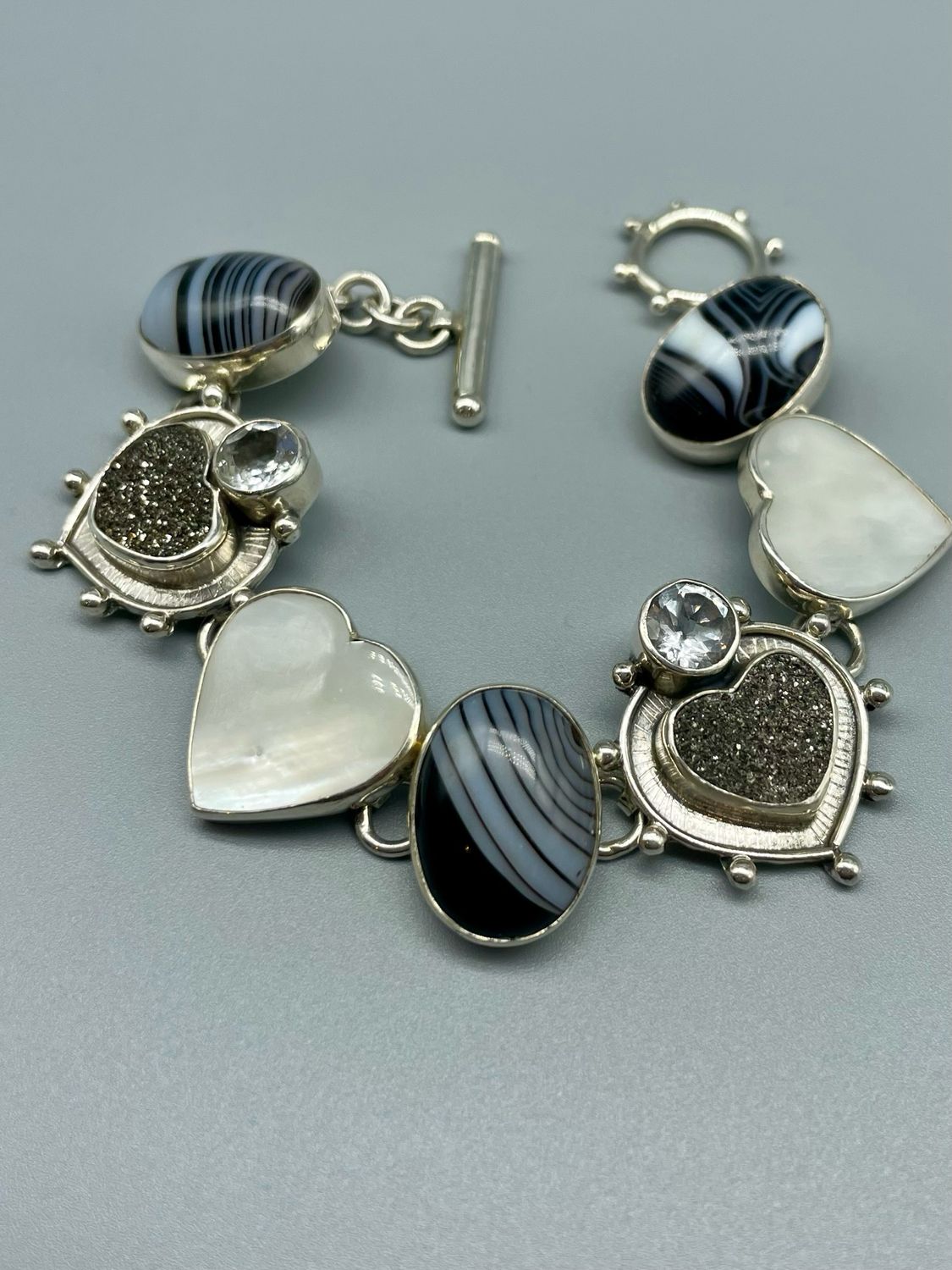 Mother of Pearl, Druzy Heart, White Topaz and Black/White Agate Bracelet, Sterling Silver - Margaret Thurman, Sedona AZ