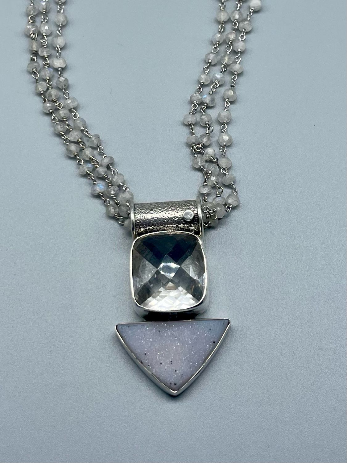 White Topaz, Druzy on Facted Moonstone Strands