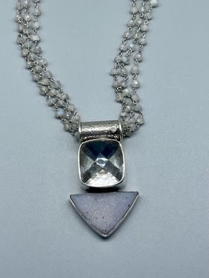 White Topaz, Druzy on Facted Moonstone Strands