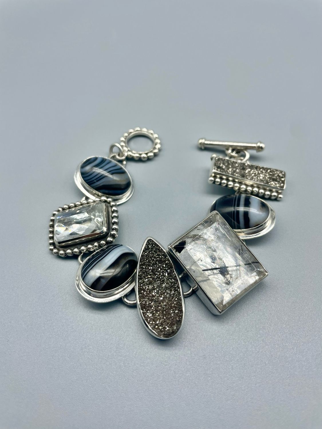 Lg Tourmalated Quartz, White Topaz and Banded Agate Bracelet, SS