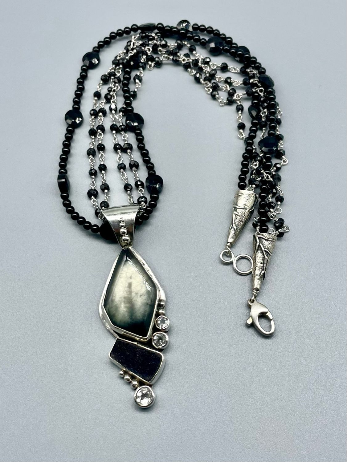 Approx 18.5 Tourmalated Quartz, Black Druzy, White Topaz on Black Onyx & SS Chain, Margaret Thurman, Sedona AZ Approx 18.5 Tourmalated Quartz, Black Druzy, White Topaz on Black Onyx & SS Chain, Margaret Thurman, Sedona AZ