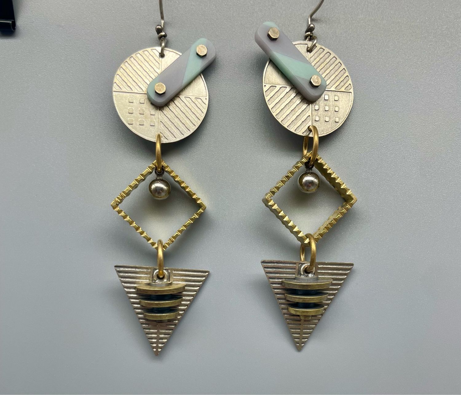 E951 Techno Etched Collage Totem Earrings, SS/Copper/Brass, Thomas Mann - New Orleans LA