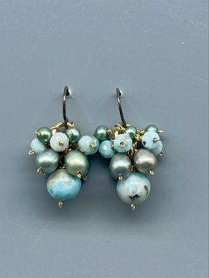 Larimar/Pearl Cluster Drop Earrings