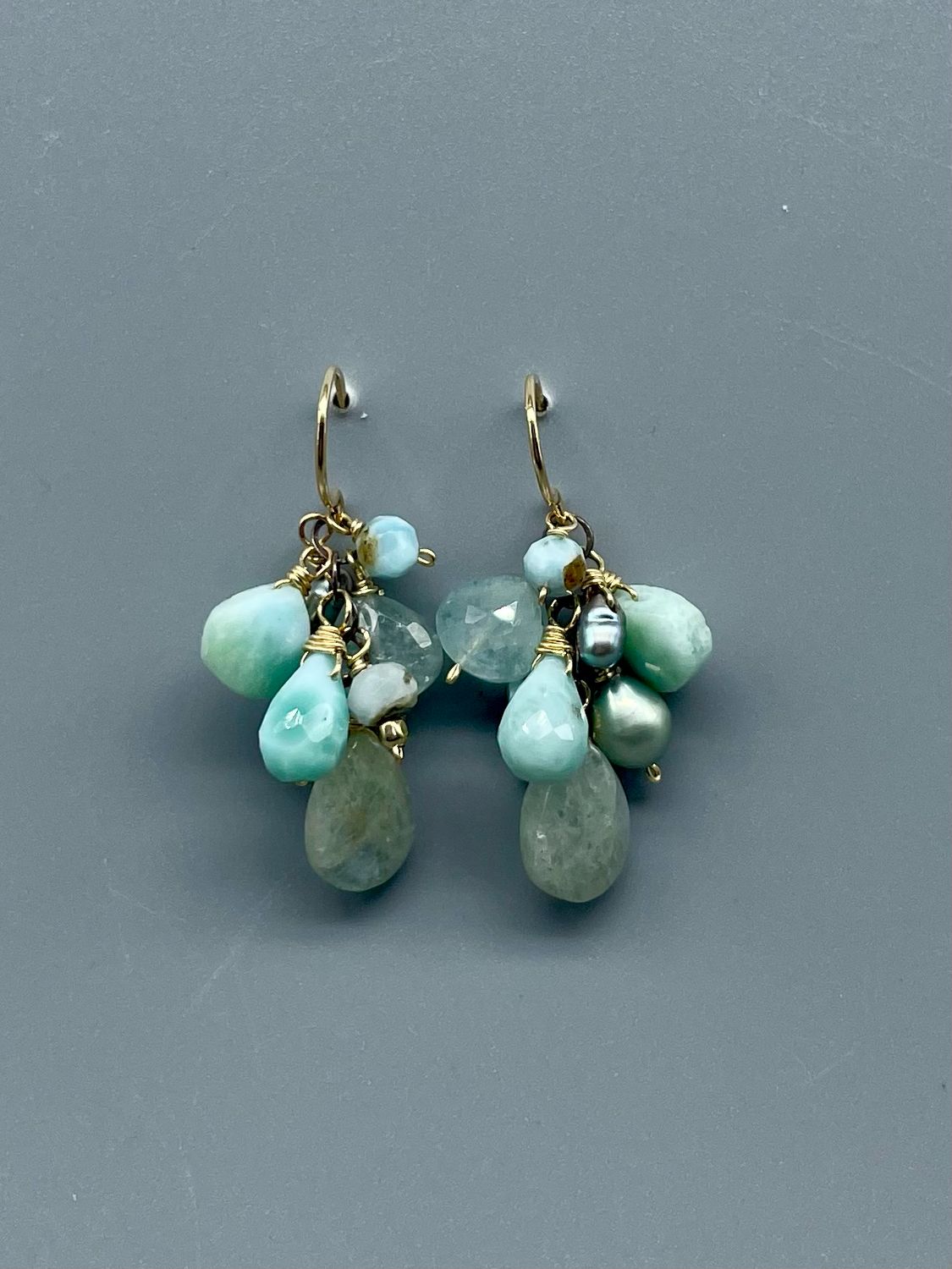 Larimar/Aquamarine/Pearl Drop Earrings