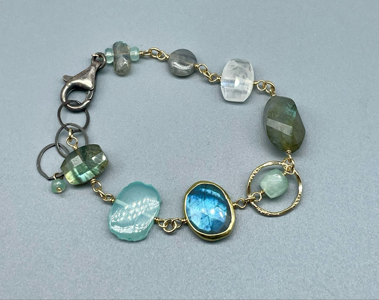 SB54 Chalcedony, Labradorite, Moonstone Bracelet Ox SS and Vermeil, Calliope, Seattle WA SB54 Chalcedony, Labradorite, Moonstone Bracelet Ox SS and Vermeil, Calliope, Seattle WA