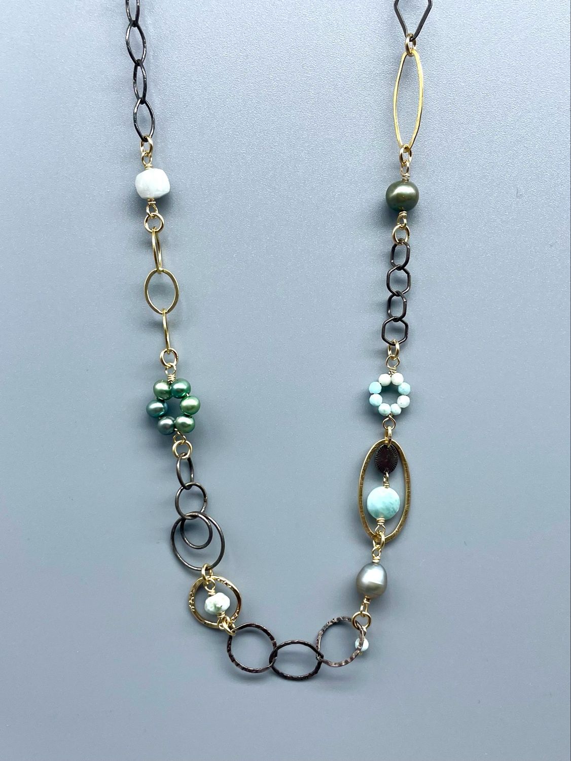 Larimar, Pearl, Aquamarine Necklace