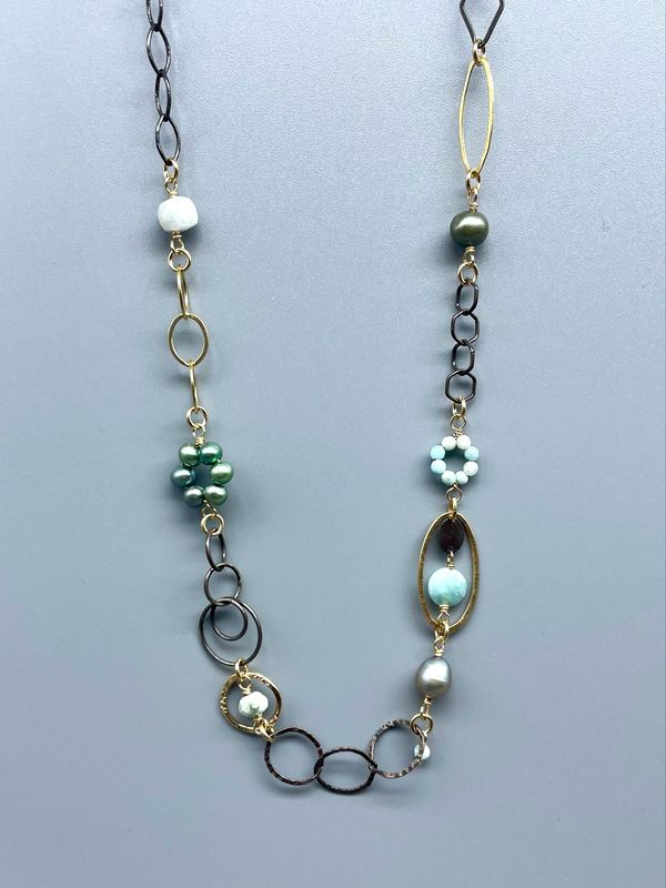 Larimar, Pearl, Aquamarine Necklace