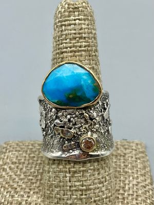 Sz 9.5 Peruvian Opal w/Champagne CZ Ring, 14k GF Bezel, SS, Tamara Kelly, Ferndale WA