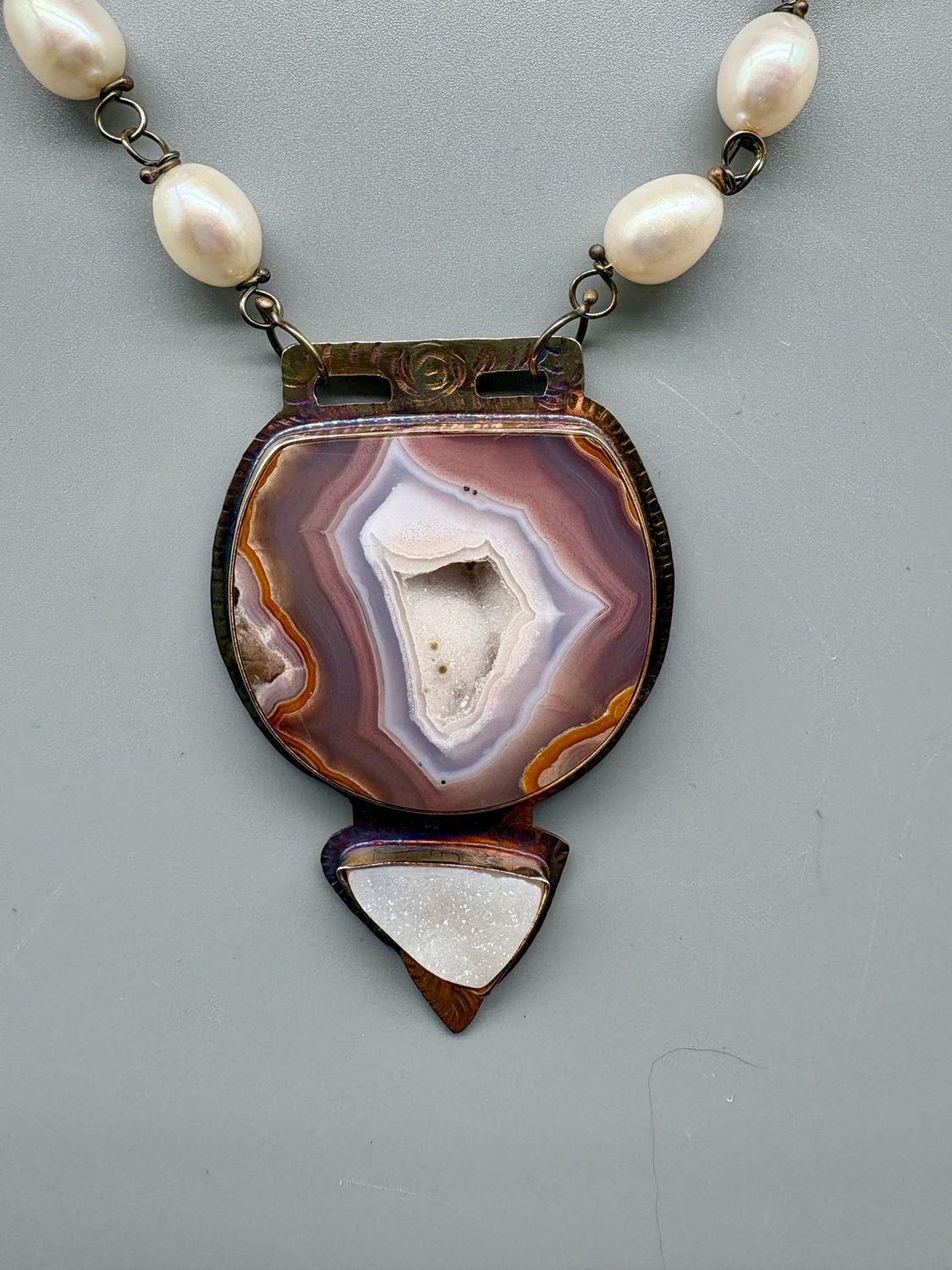 Aqua Nueva Druzy on Pearl Chain Necklace