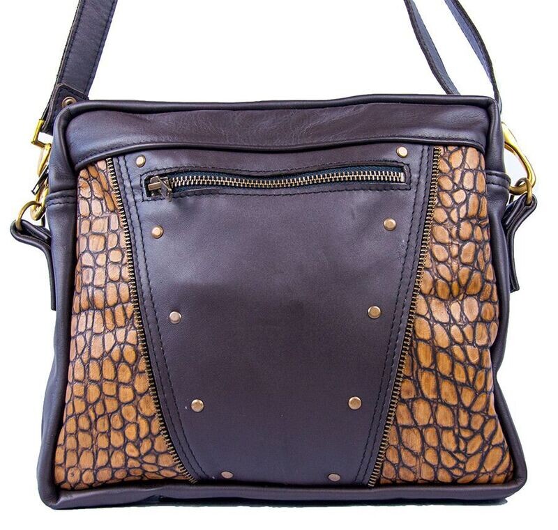 BOLSO DE PIEL IBIZA MARRON Y AMARILLO REPTIL