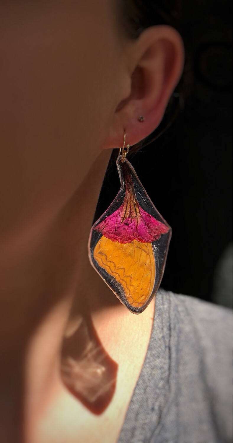 Amber Butterfly &amp; Pink Trumpet Flower Dangles