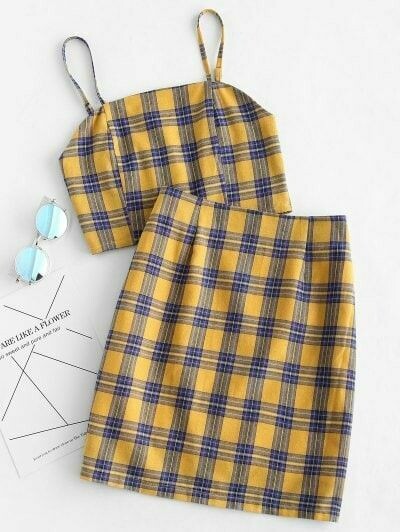 Conjunto de falda con top a cuadros color amarillo