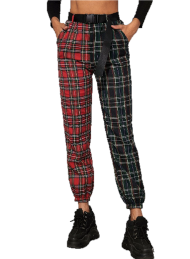 Joggers con cinturón de tartán de dos colores