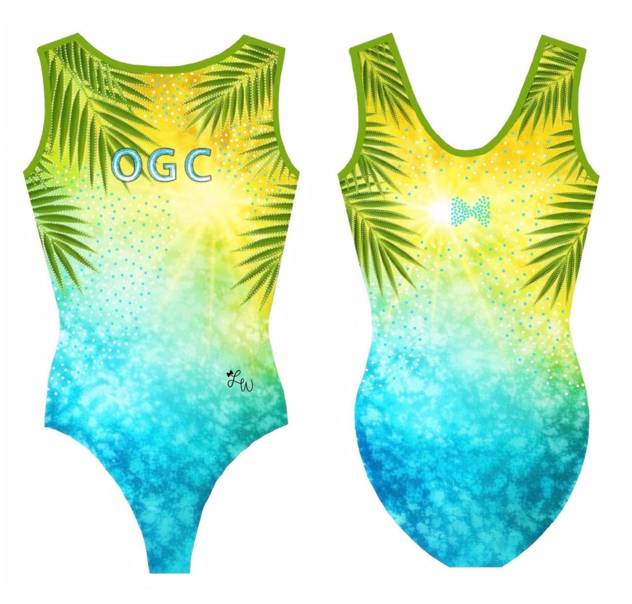 Leanne Wong Bright tropical ombré leotard with palm-leaf accents