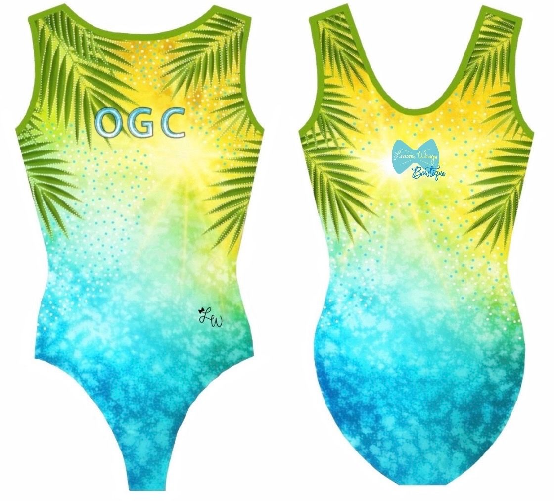 Leanne Wong Bright tropical ombré leotard with palm-leaf accents