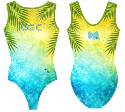 Leanne Wong Bright tropical ombré leotard with palm-leaf accents