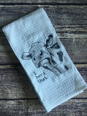 Cow embroidered cotton waffle weave tea towel