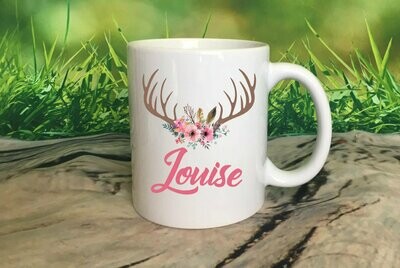 Personalised coffee mug- custom name mug- Personalised mug- deer antlers mug- floral mug- mug for her- coffee mug- personalised gift- gift