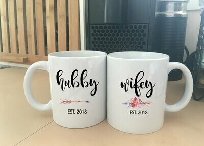Hubby and wifey mugs- husband and wife mugs- Husband and wife gift- personalised husband and wife mug- wedding gift- wedding present- bride