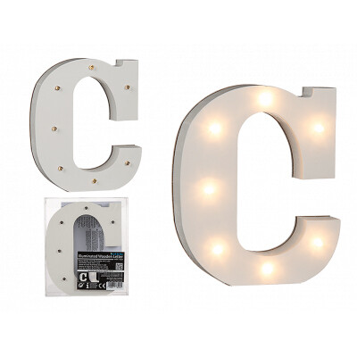 Lettera di legno illuminata C, con 7 LED, per 2 pile micro (AAA)