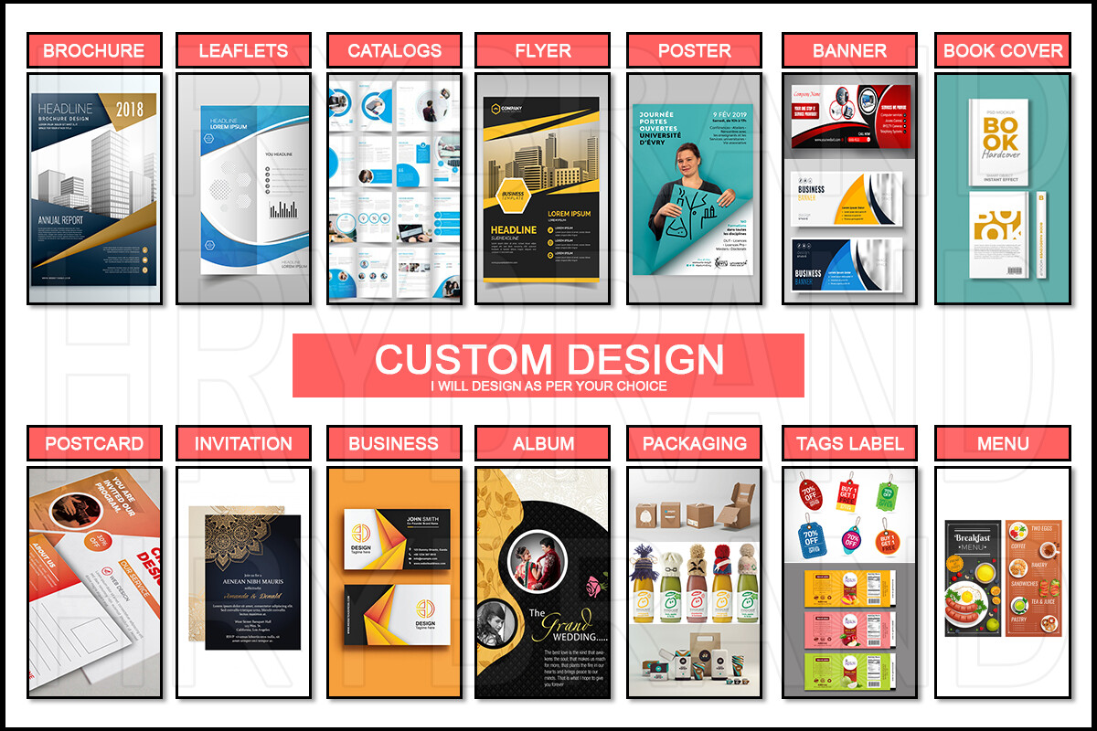 I will Design Brochure, Leaflets, Poster, Banner, Book Cover, Postcard, Invitation Card, Business Card, Catalogs, Label, Tags And Many More
