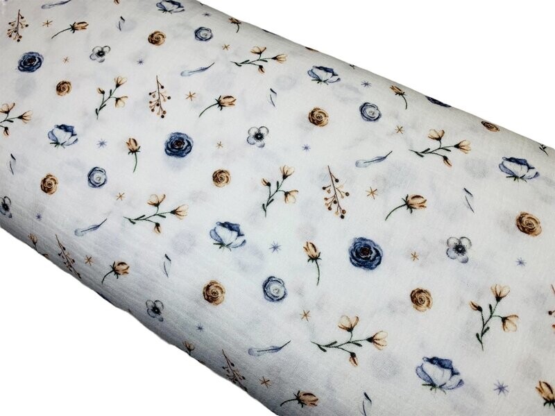 Musselin Blumen Beige-Blau