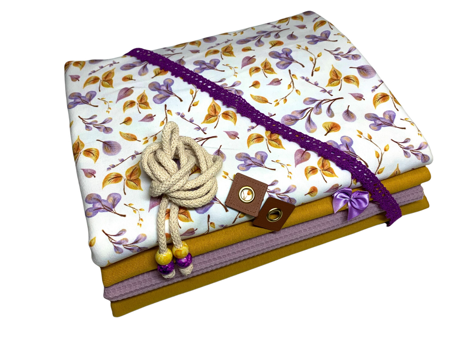 Kleines Jersey Stoffpaket Herbstblatt Senf-Flieder