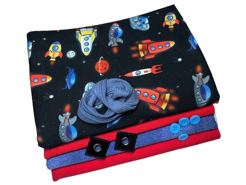 Kleines Jersey Stoffpaket Raketen auf Schwarz