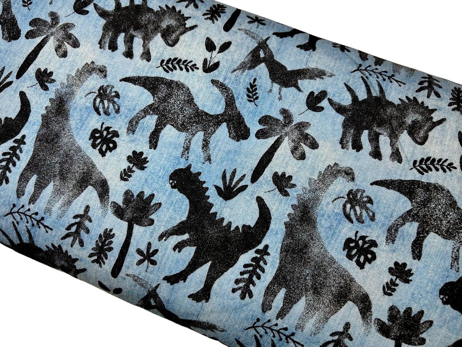 French Terry Jeansmuster Hell Blau mit Dinosaurier