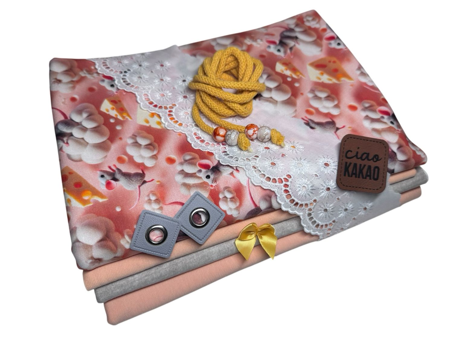 Kleines Jersey Stoffpaket Mäuse auf Käse Kleines Jersey Stoffpaket Mäuse auf Käse