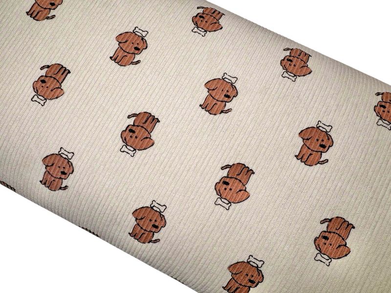 Rib Cord Stretch Hunde auf Beige Rib Cord Stretch Hunde auf Beige