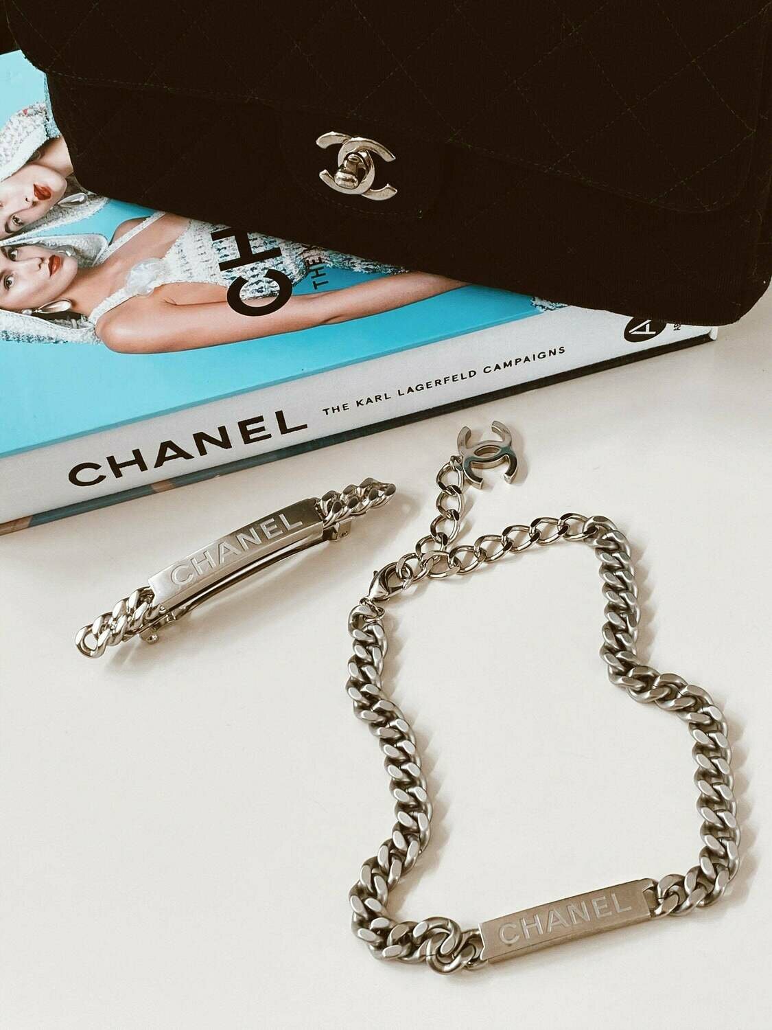 Vintage CHANEL ID Logo Letters Silver XL Large Thick Chain Hair Barrette Clip Accessory