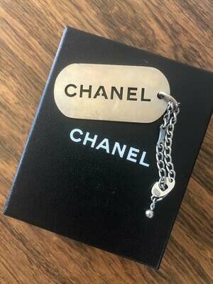 Vintage 90's CHANEL CC Logo Huge ID Dog Tag Silver Charm Pendant Necklace Jewelry Keychain