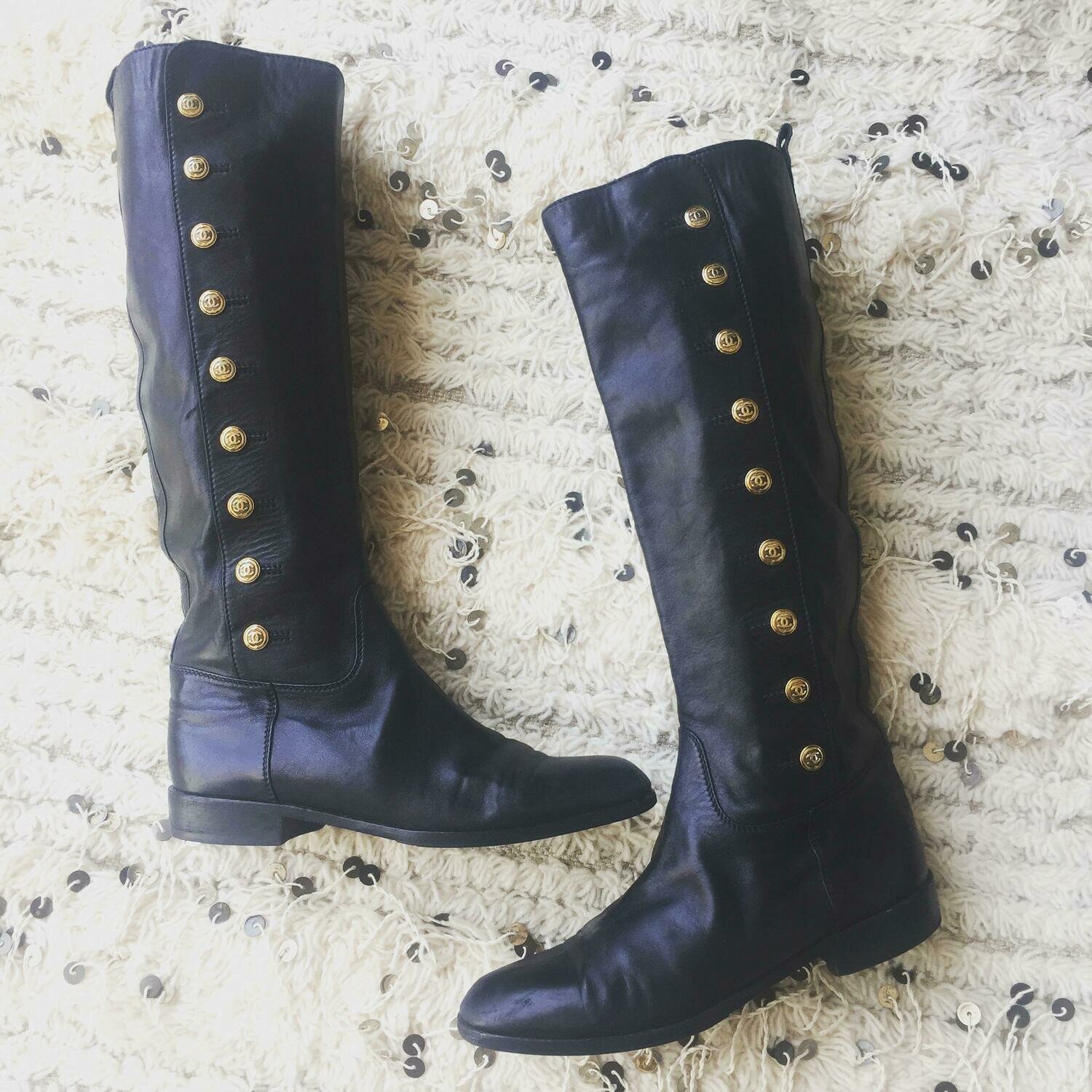 Vintage CHANEL CC Button OTK Black Leather Button Up Riding Moto Knee High  Boots Heels eu 38 us 7 - 7.5