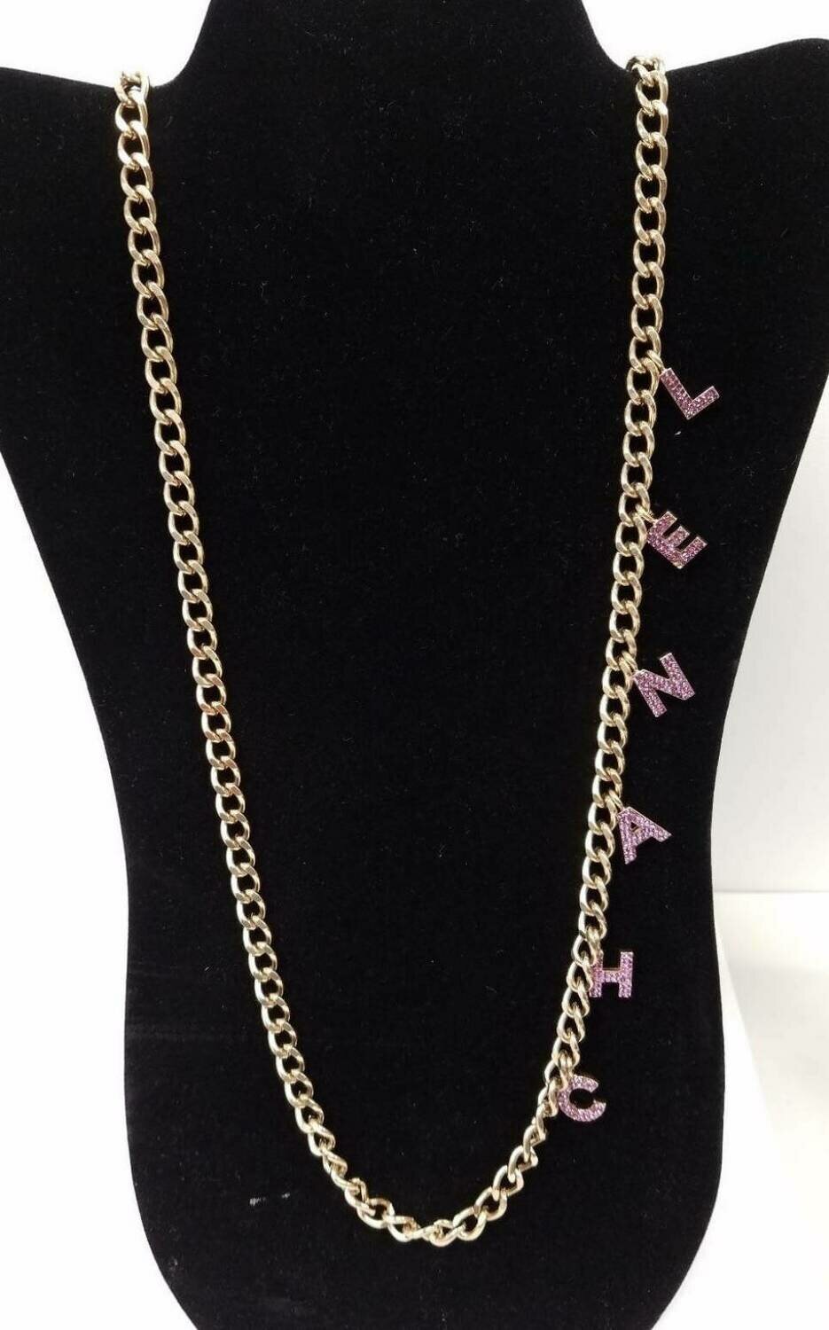 Vintage 90's CHANEL CC Logo Pink Crystal LETTERS Gold Charm Pendant Long  Necklace Jewelry Belt
