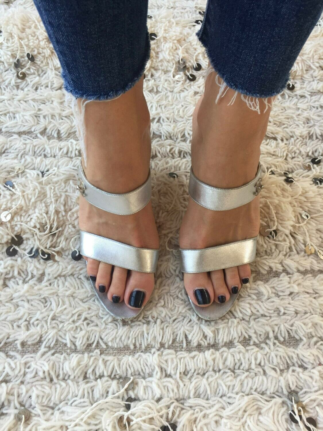 Vintage CHANEL CC Turnlock Metallic Silver Leather Mules Slides