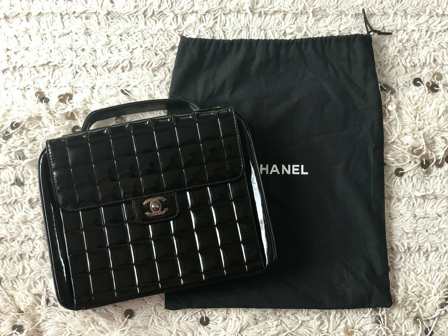 Vintage 90's CHANEL CC Turnlock Black Patent Leather Logo Quilted Crossbody  Clutch Top Handle Satchel Bag Briefcase Purse - Great Cond!