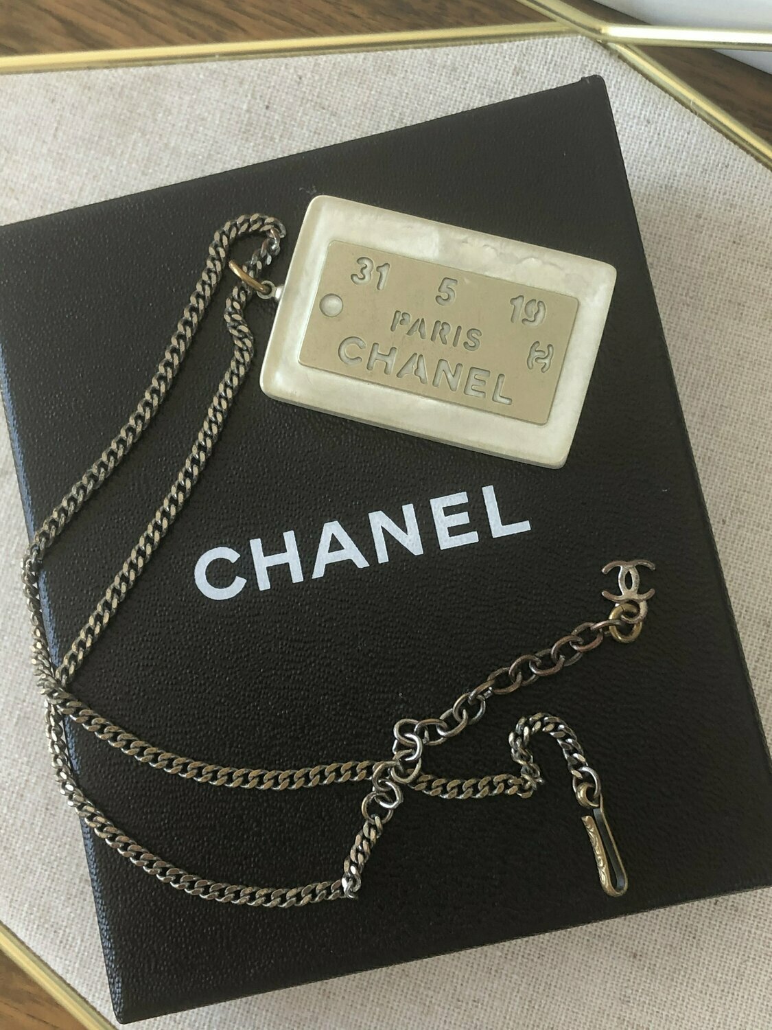 Vintage CHANEL PARIS Silver ID Plate Jumbo Charm Pendant Necklace Jewelry  Dog Tag