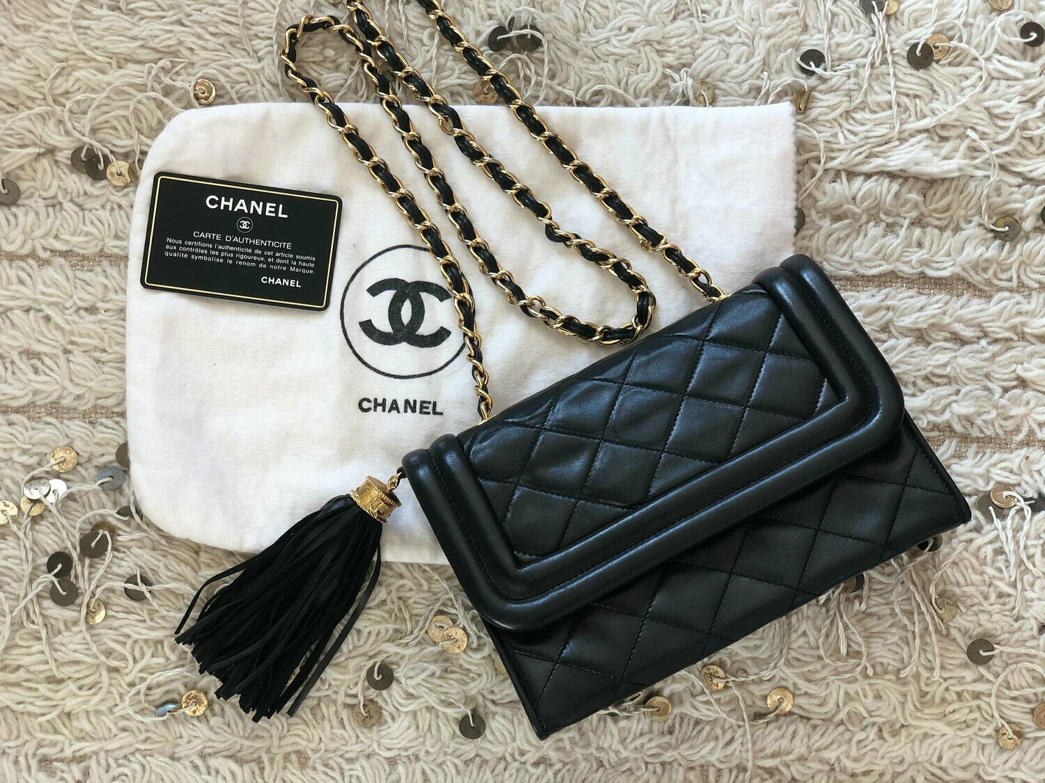 Vintage 90s CHANEL CC Gold Logo Matelasse Classic Flap Quilted Black Leather  / Chain Crossbody Shoulder Evening Bag w Fringe Tassel