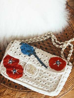Vintage 90's CHANEL CC Logo White Beige Classic Flap Crochet Floral Woven Knit Chain Shoulder Tote Handbag Purse Bag
