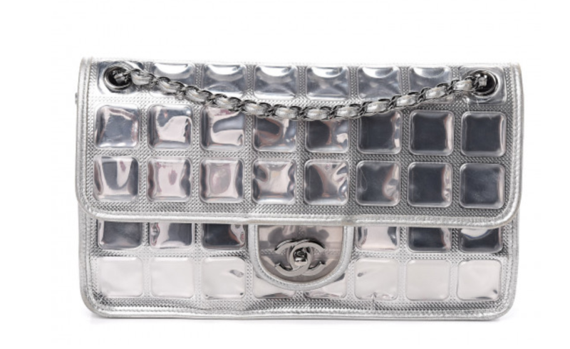 CHANEL CC &quot;ICE CUBE&quot; SILVER LEATER VINYL DOUBLE CHAIN FLAP BAG