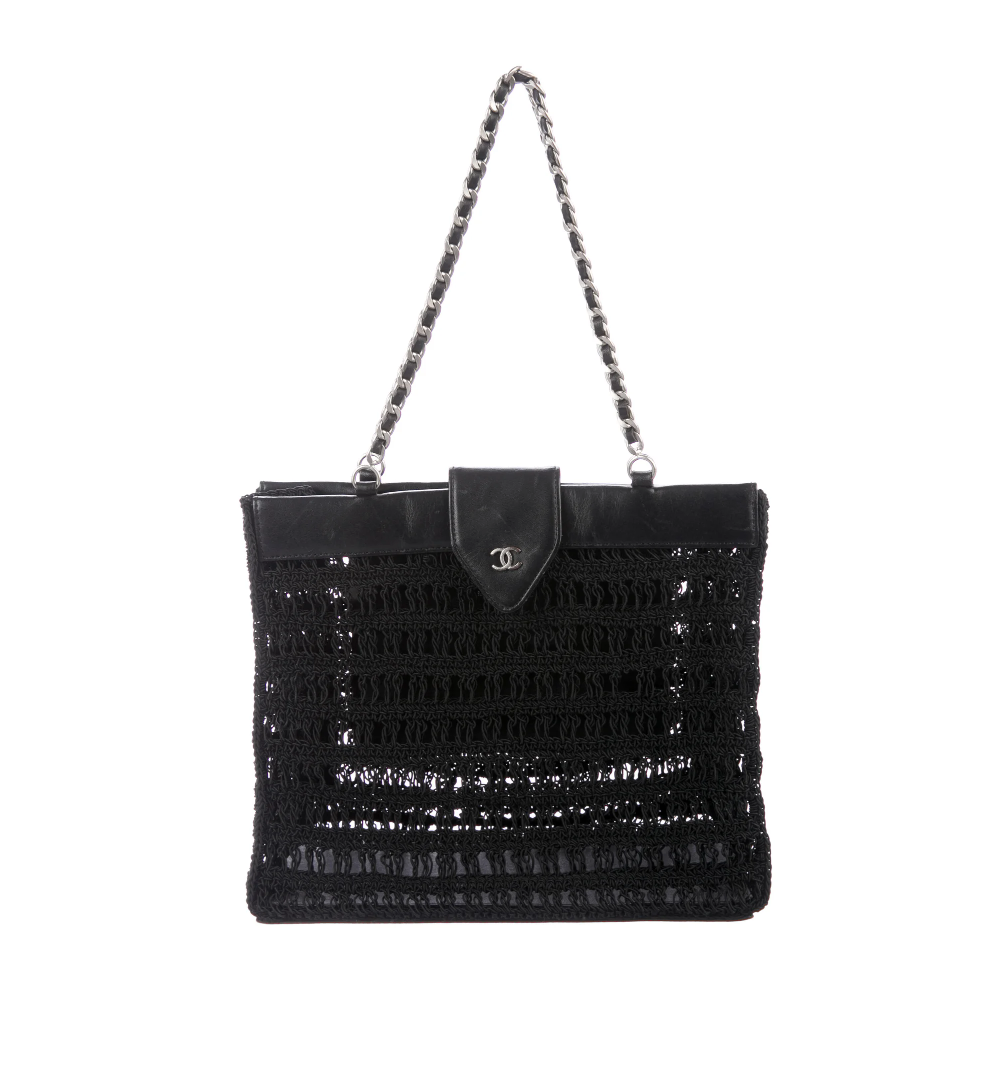 VINTAGE CHANEL BLACK CROCHET LEATHER SHOULDER TOTE BAG